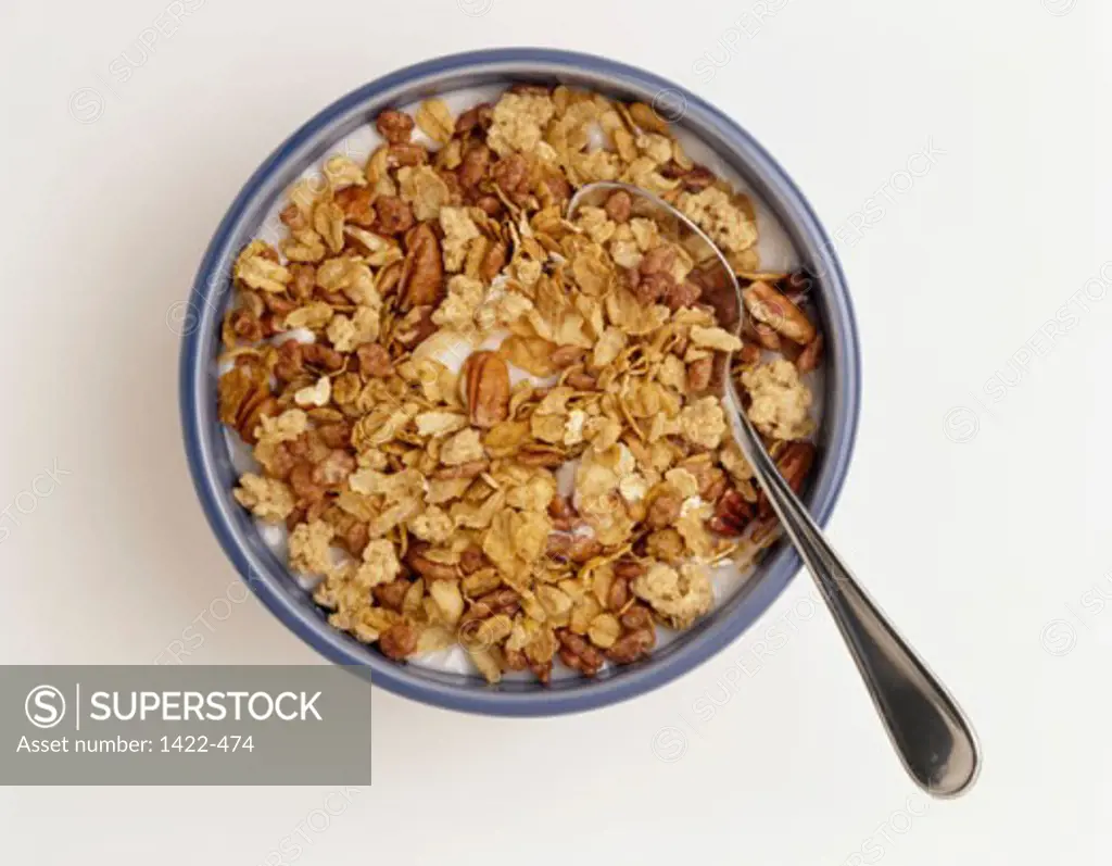 Close-up of granola with milk in a bowl