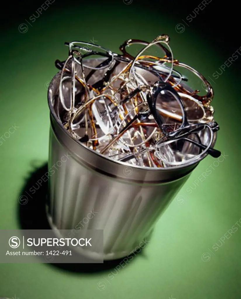 High angle view of eyeglasses in a bucket