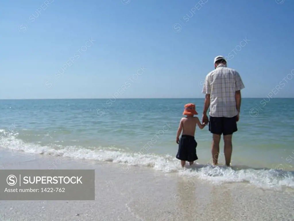 Rear view of a father standing with his daughter on the beach