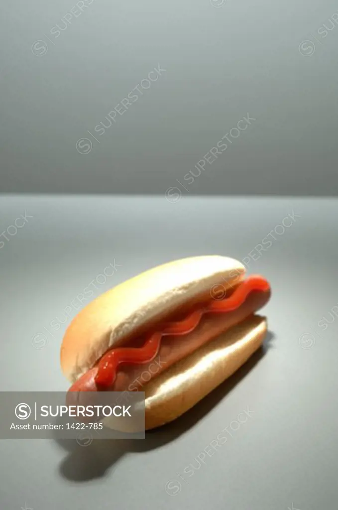 High angle view of a hotdog with ketchup