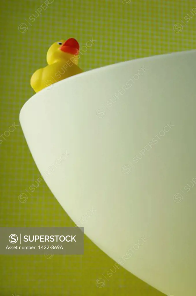 Low angle view of a rubber duck on the edge of a bathtub