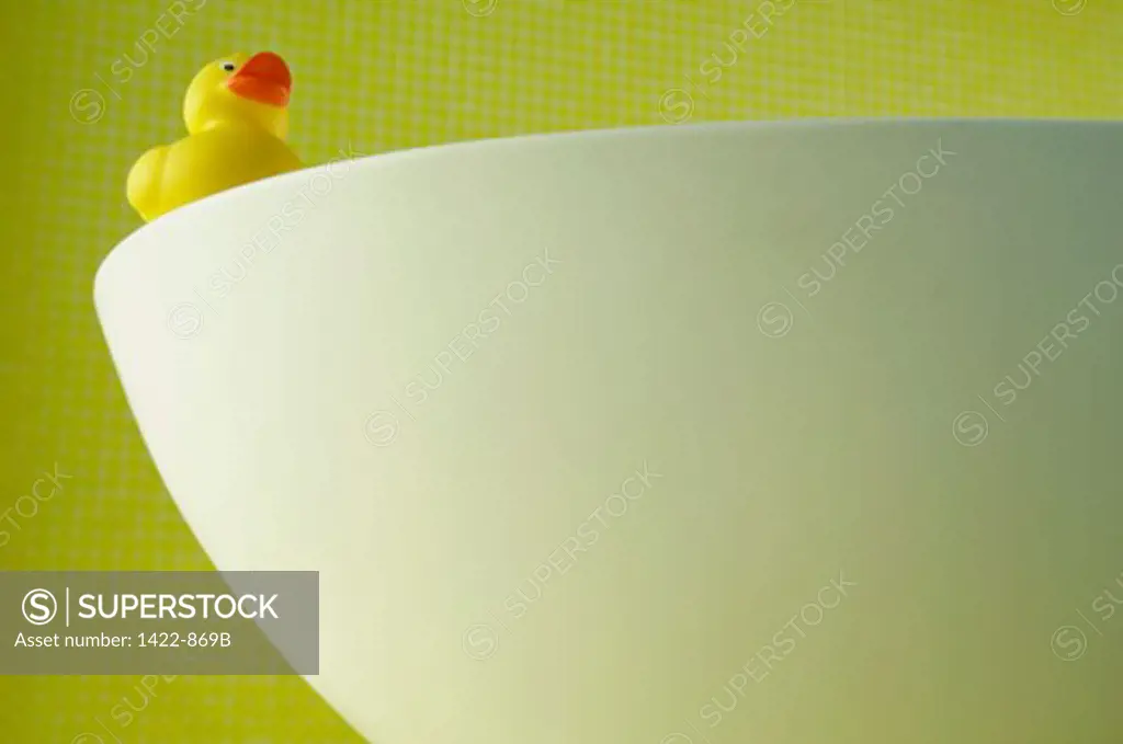 Close-up of a rubber duck on the edge of a bathtub