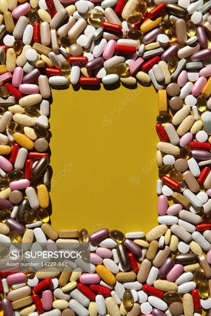 Rectangular shape in colorful multi-vitamin pills, tablets and capsules