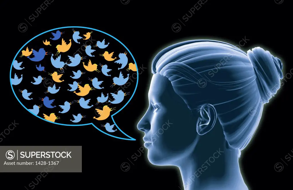 Female profile with twitter cloud coming out of mouth