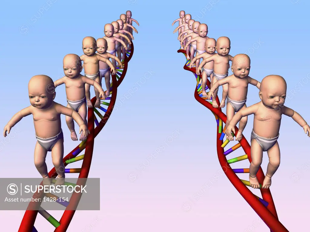 Group of baby boys walking on DNA structures