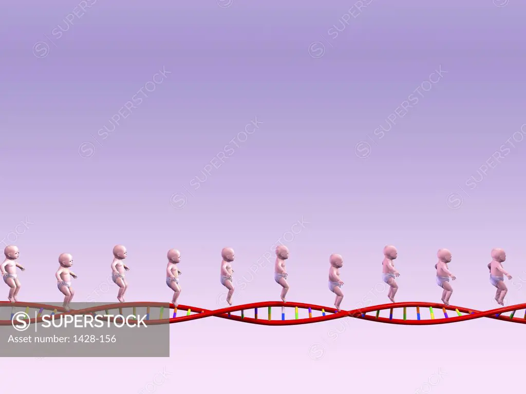 Group of baby boys walking on a DNA structure
