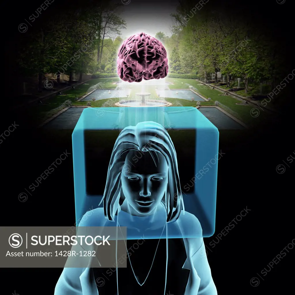 Thinking Outside The Box - Digital image of woman with head in box and brain outside, with garden in background