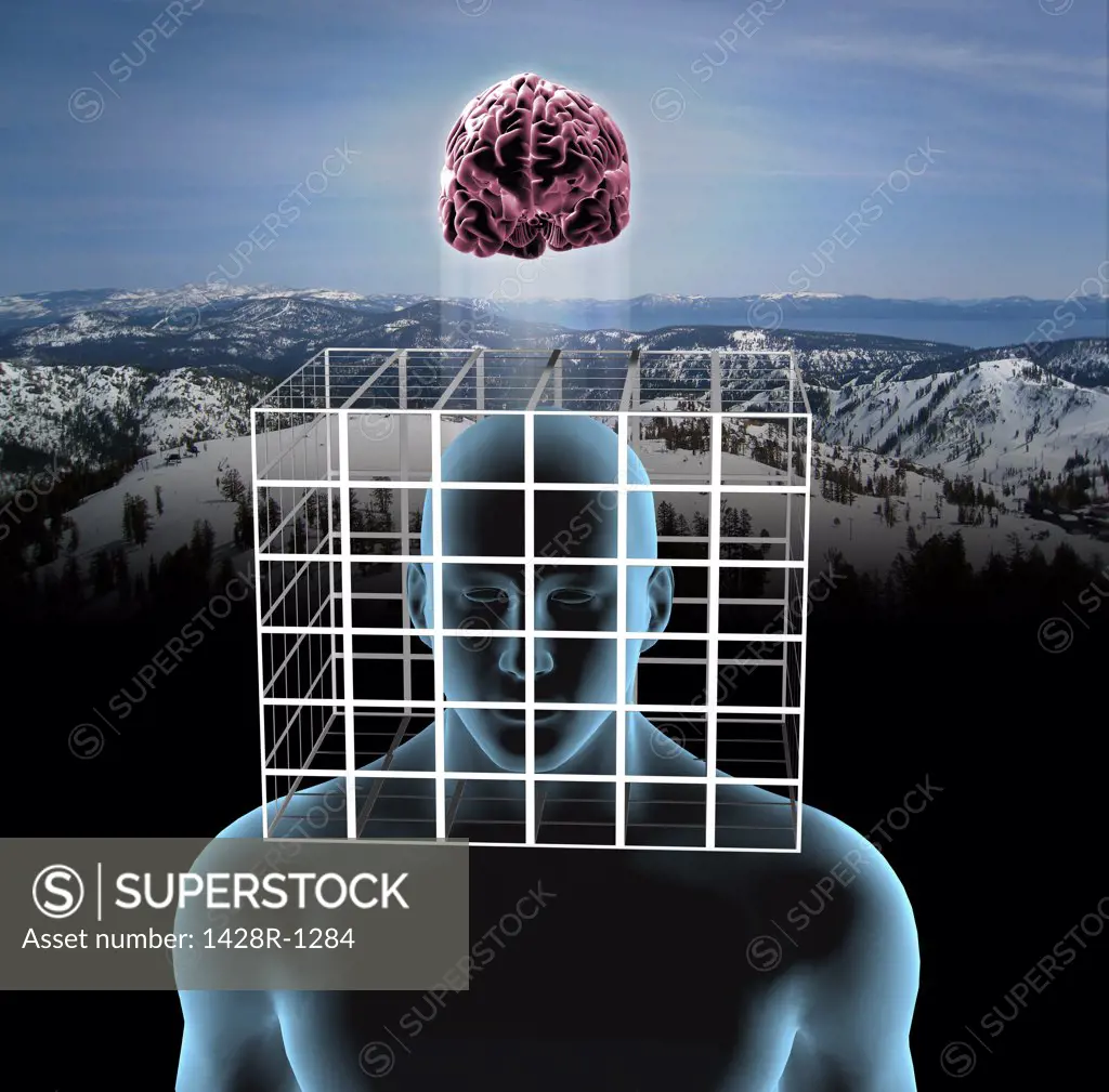 Thinking Outside The Box - Digital image of man with head in box and brain outside, with mountain range in background