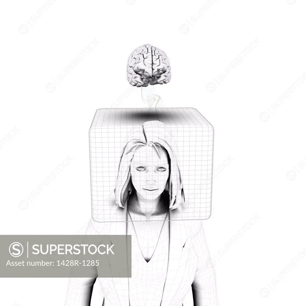Thinking Outside The Box - Digital image of woman with head in box and brain outside on white background
