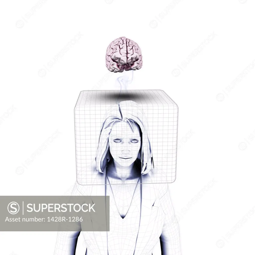 White woman with head inside box with brain is outside box in clouds above town below.
