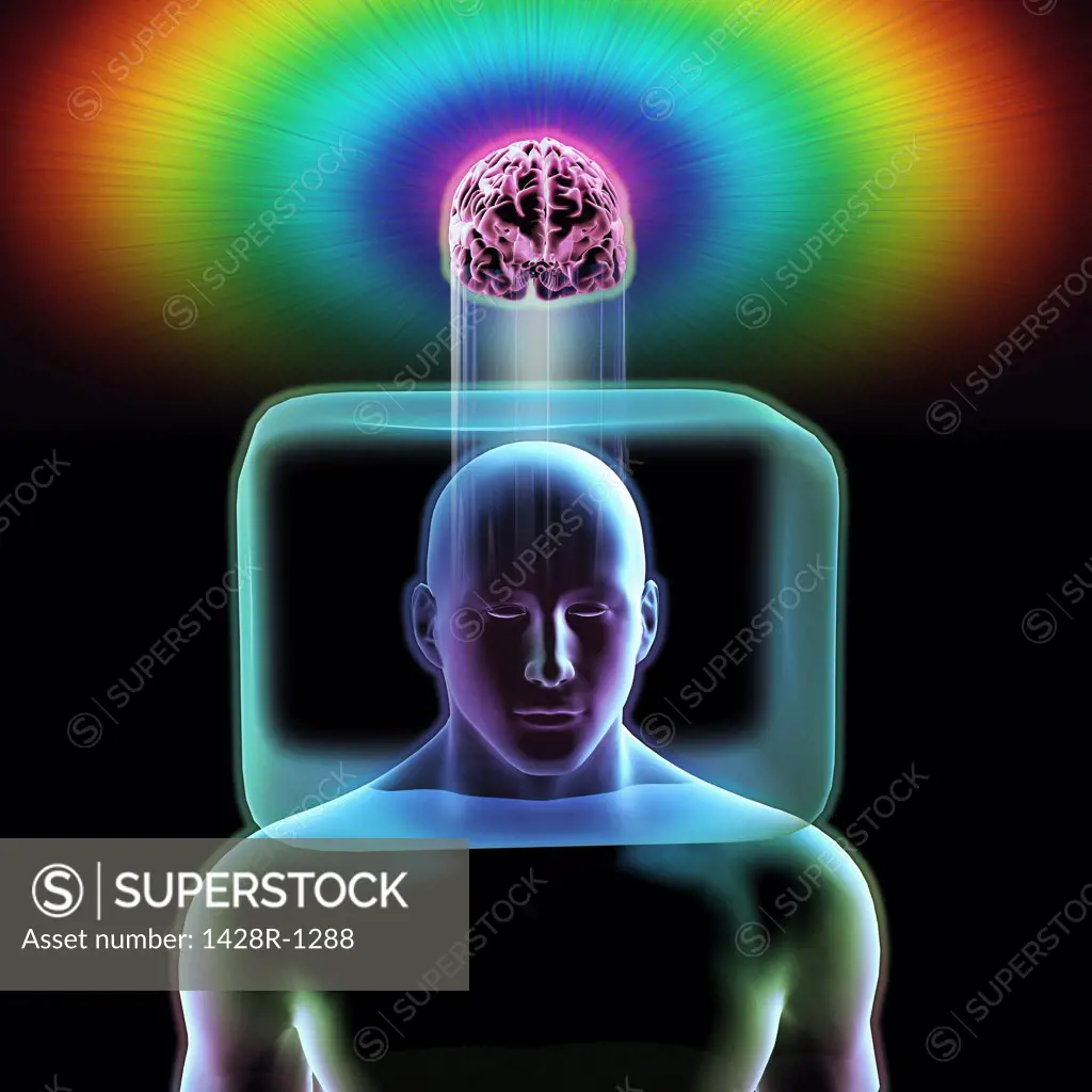 Blue man with head inside box with brain is outside box, and bright rainbow glow
