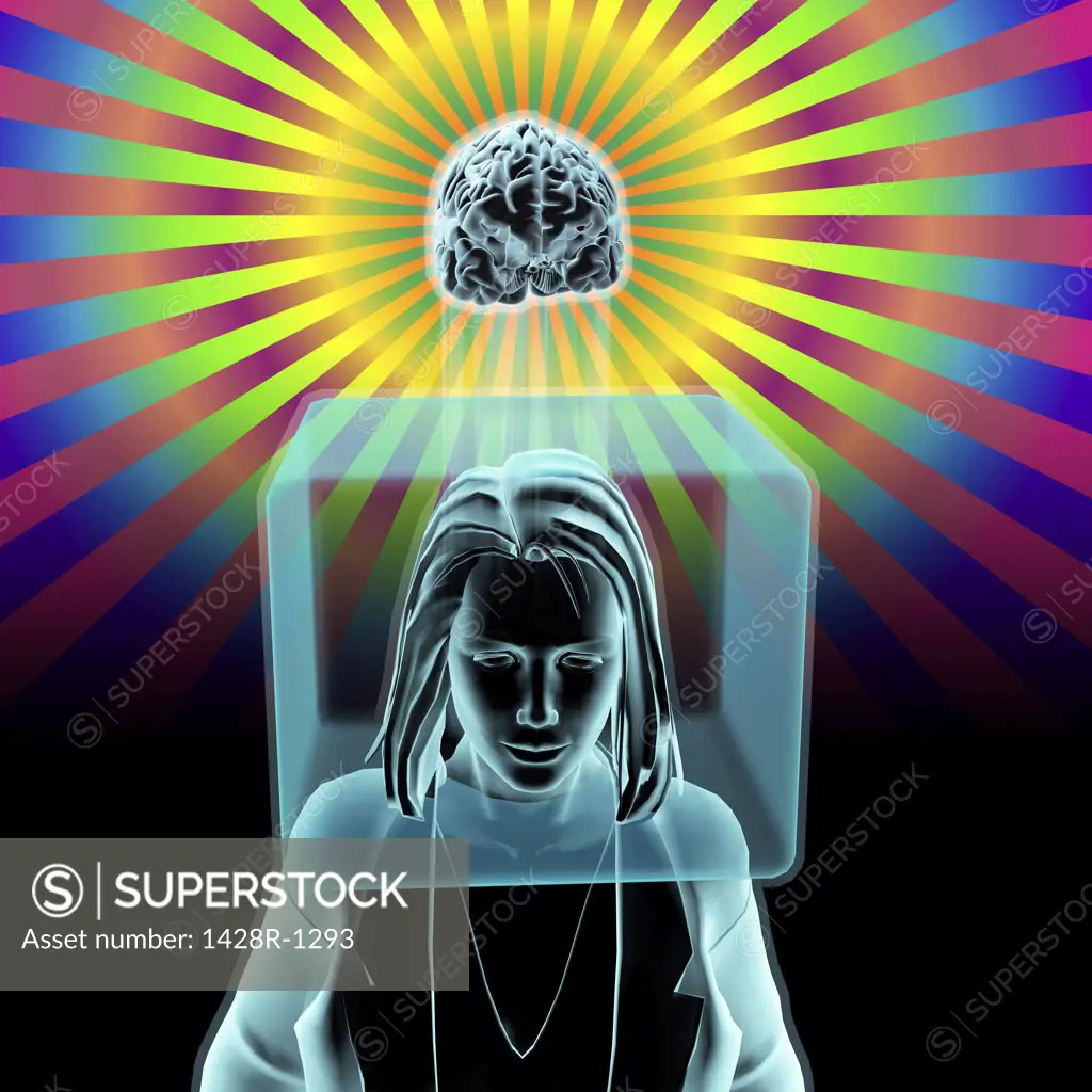 Woman with head inside box and brain outside box in radiant rainbow