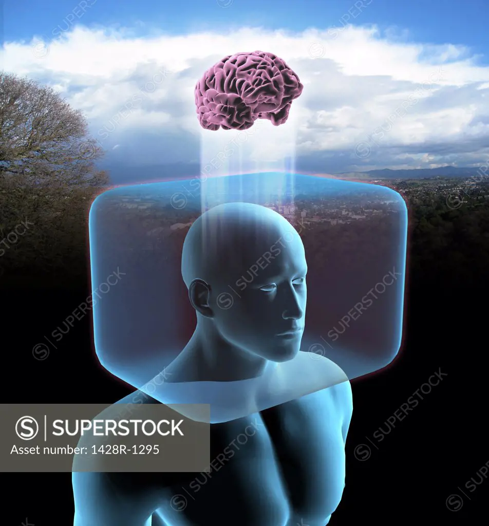 Blue man with head inside cage and brain outside in open field.