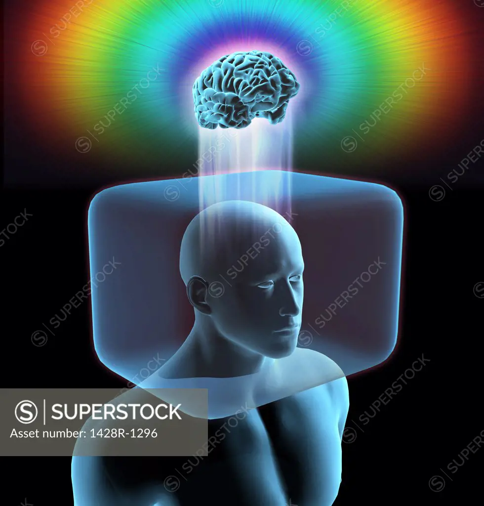 Blue Xray man with head inside box and brain outside in bright blue glow