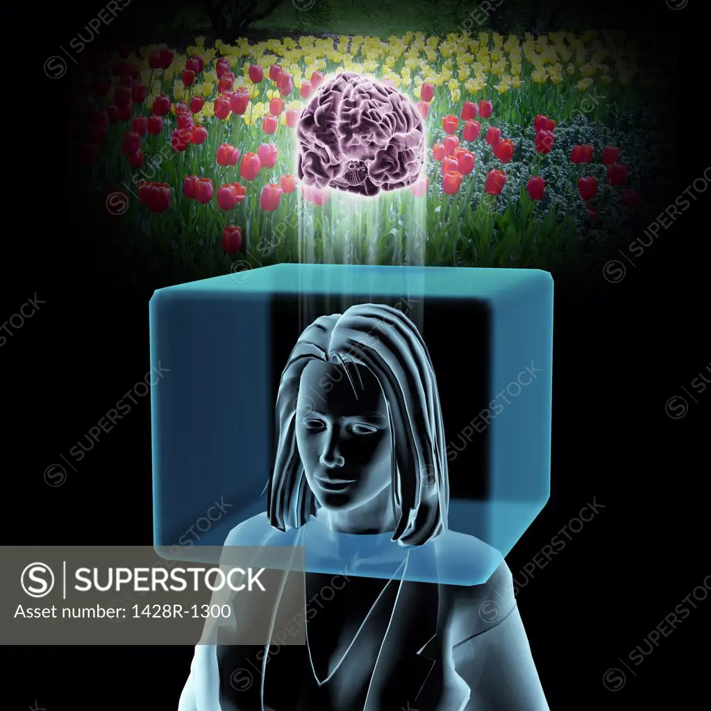 Woman with head inside box and brain outside box in beautiful tulip garden.