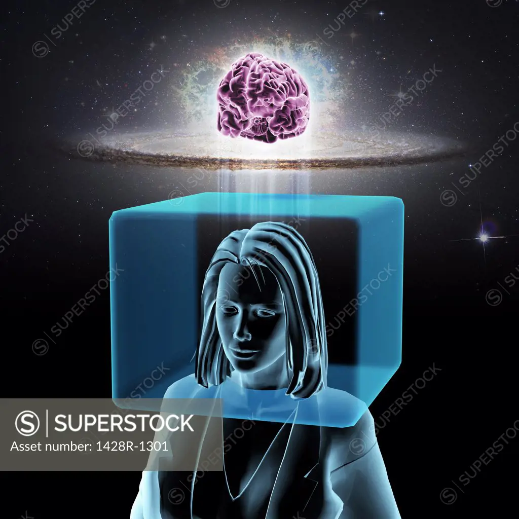 Woman with head inside box and brain outside box in outer space