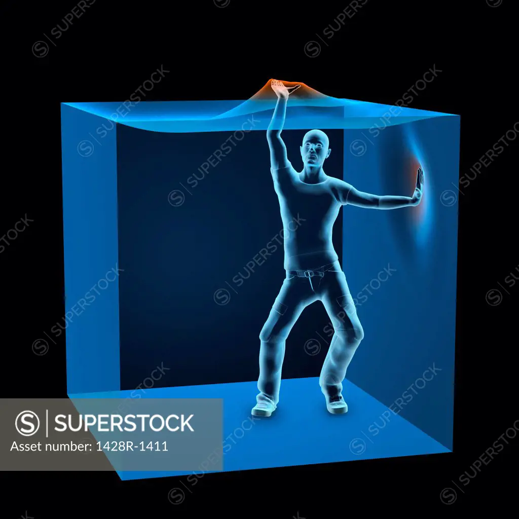3D Computer Illustration of man trapped inside blue transparent cube