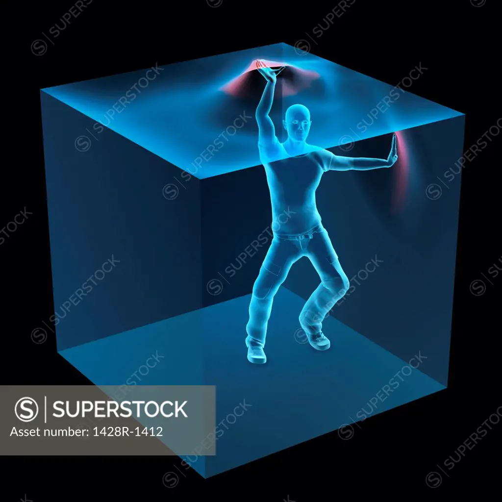 3D Computer Illustration of man trapped inside blue transparent cube