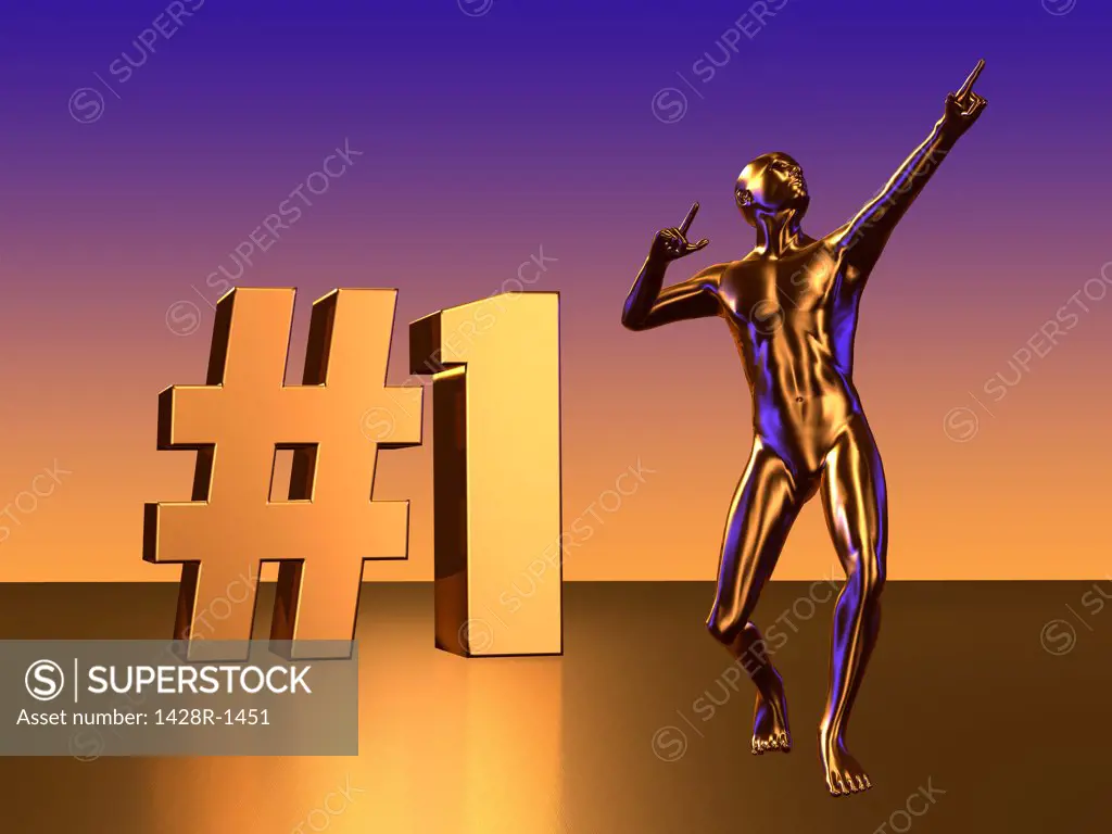 #1 Block Letters with Golden Statue Figure Celebrating Number One