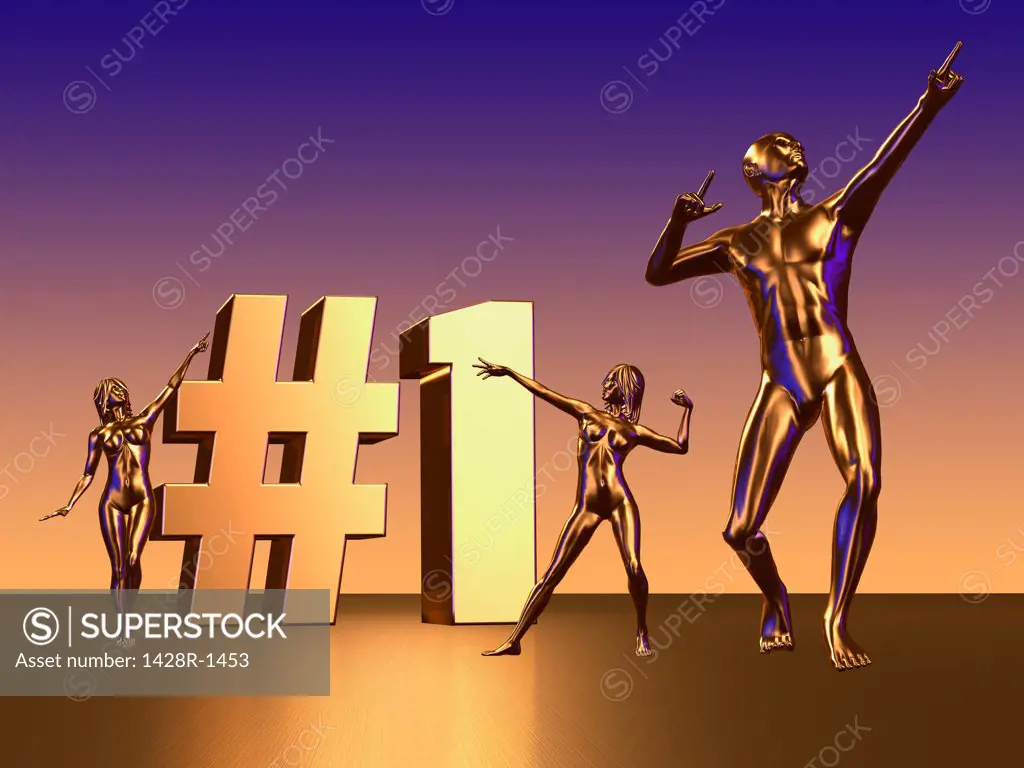 3 Golden Statues Figures Celebrate Number One (#1 )