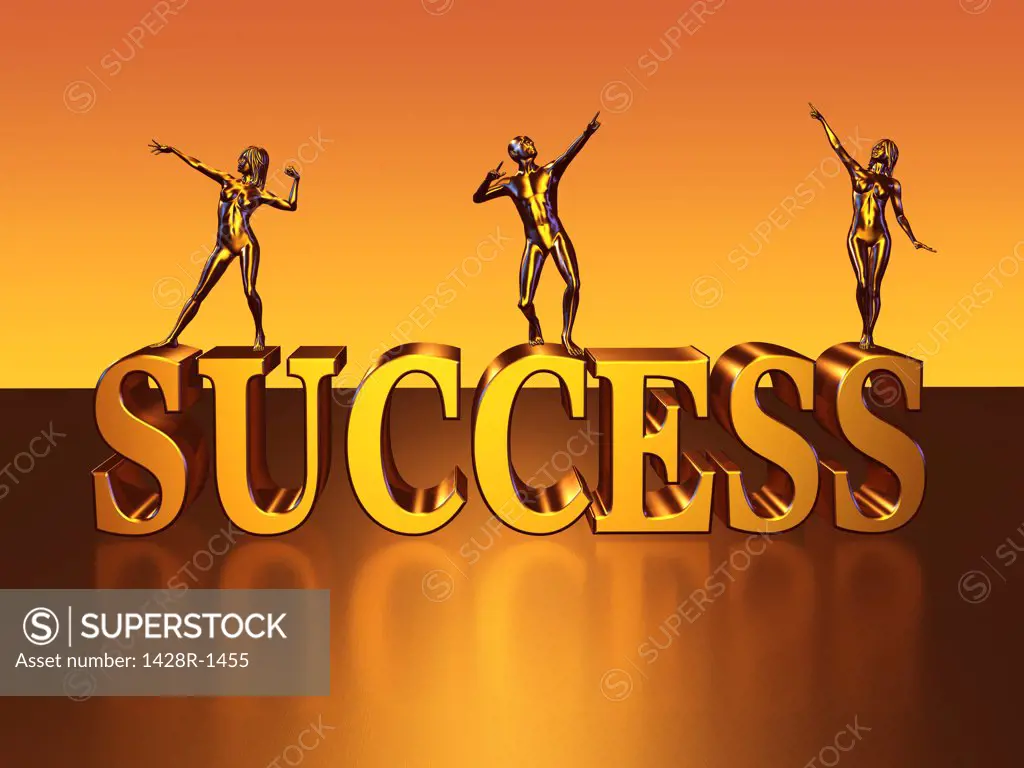 Three Golden Statues on top of Success Block Letters