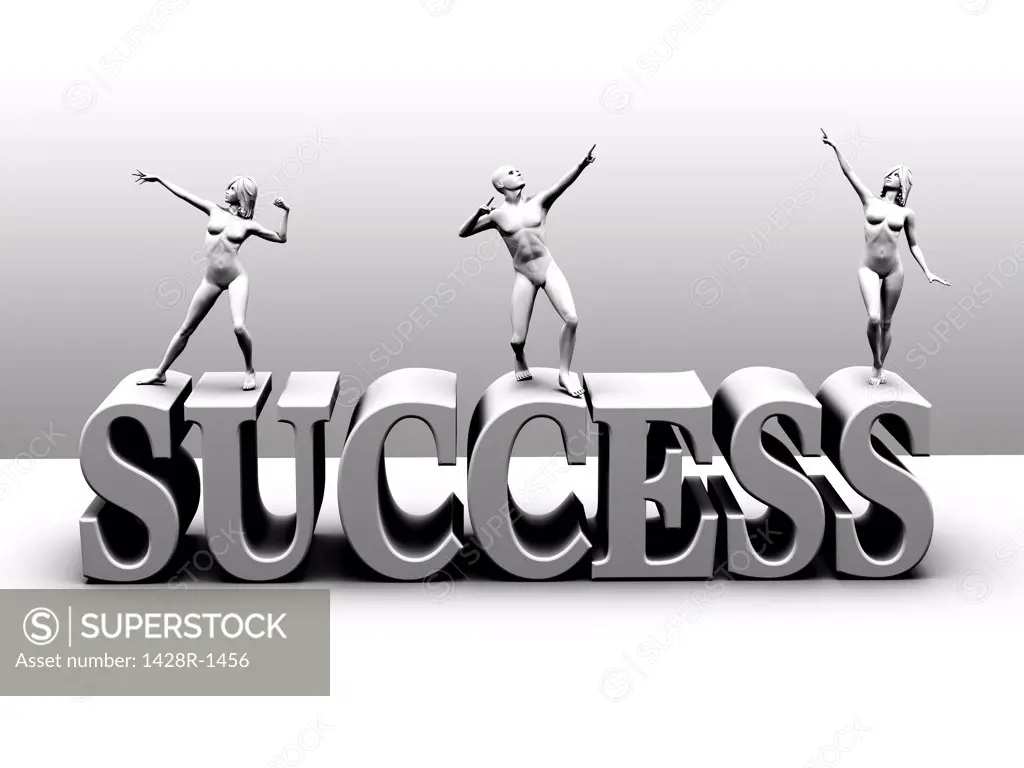 Success Three Statues on top of Success Block Letters in White-Grey monochrome
