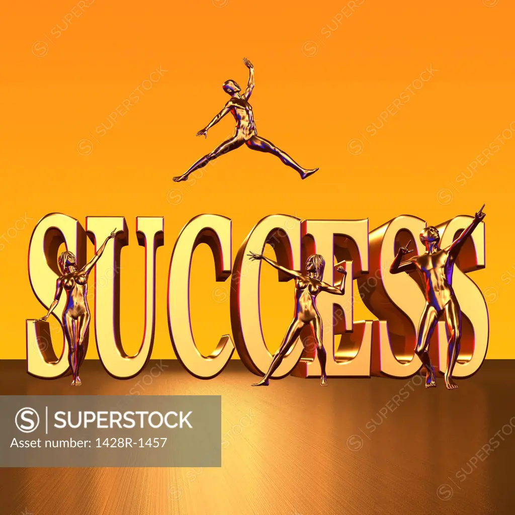 Success 4 Golden Figures Celebrate on front of Success Block Letters