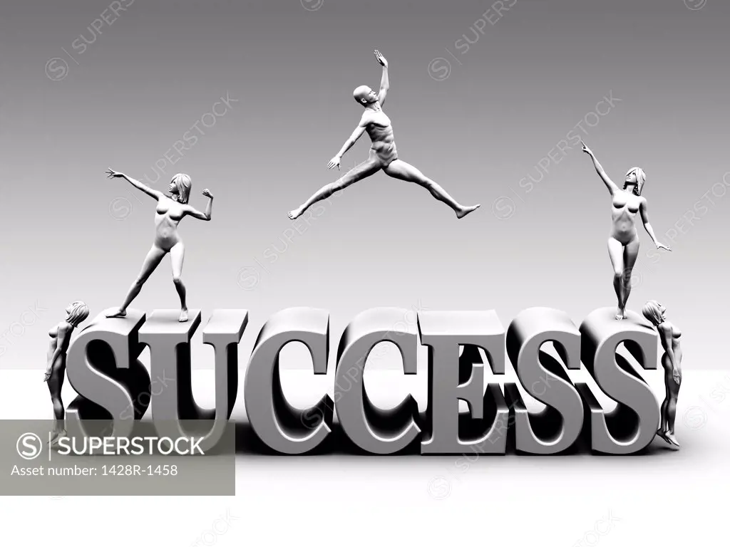 Success block lettering with five figures in white-grey monochrome