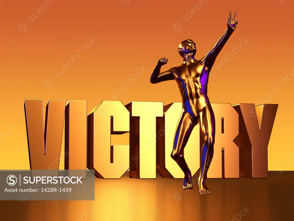 Victory gold block lettering with one gold figure