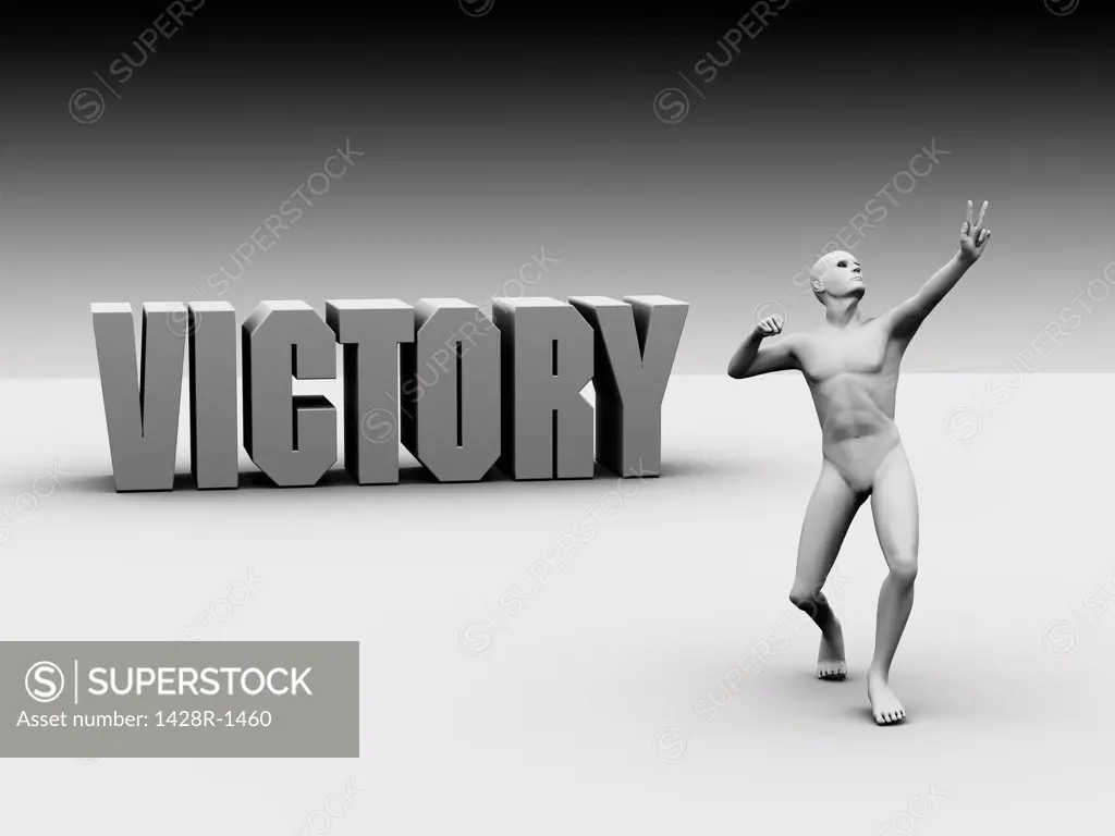Victory white block lettering with white figure