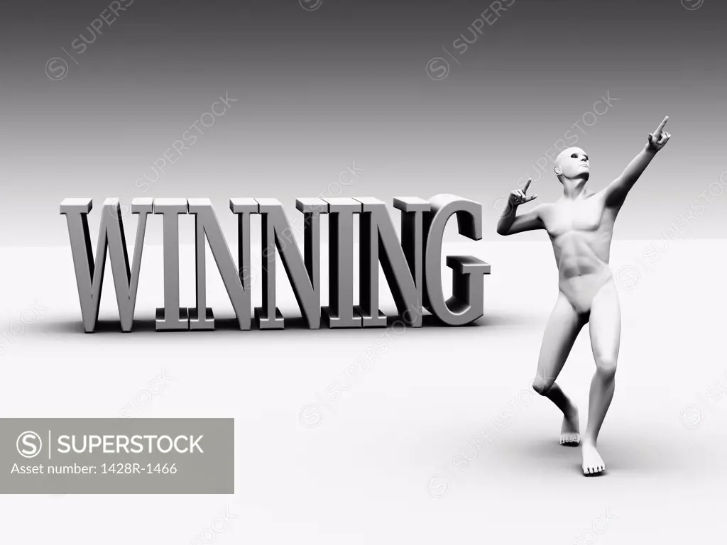 Winning white block lettering with one white figure