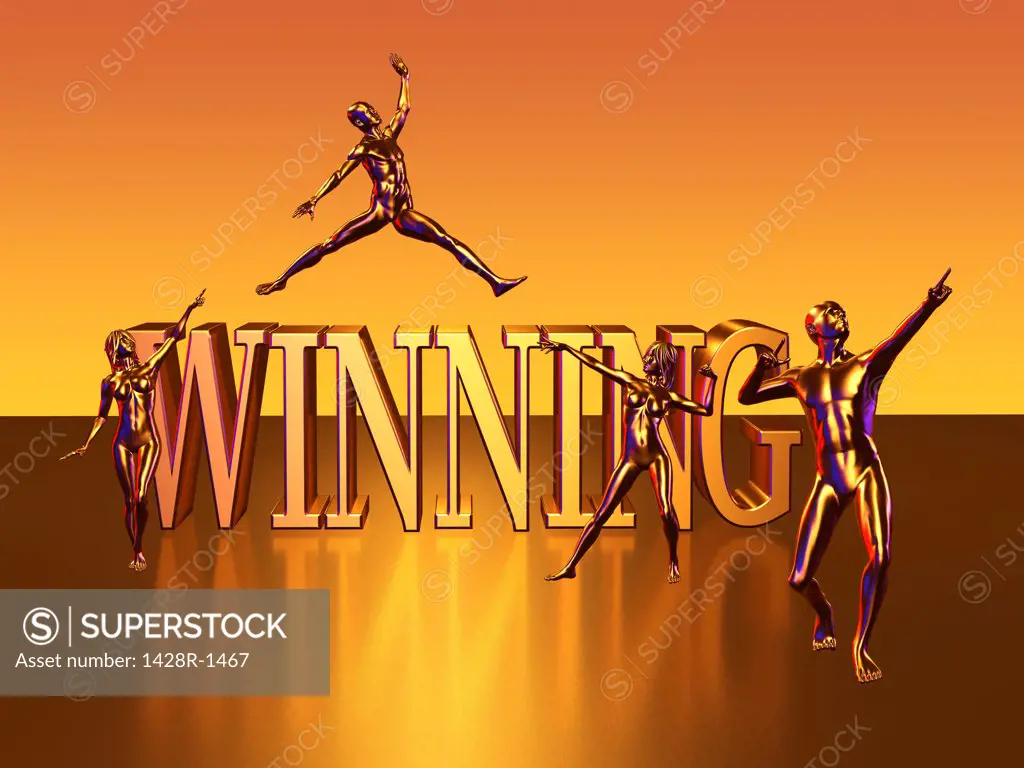 Winning gold block lettering with four gold figure