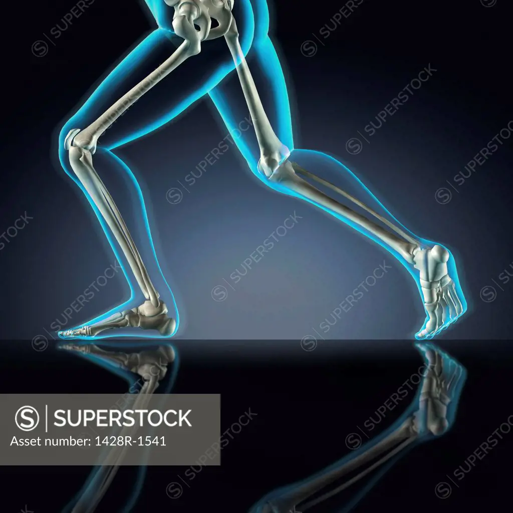 Man's legs running in blue X-ray on a dark blue reflective background