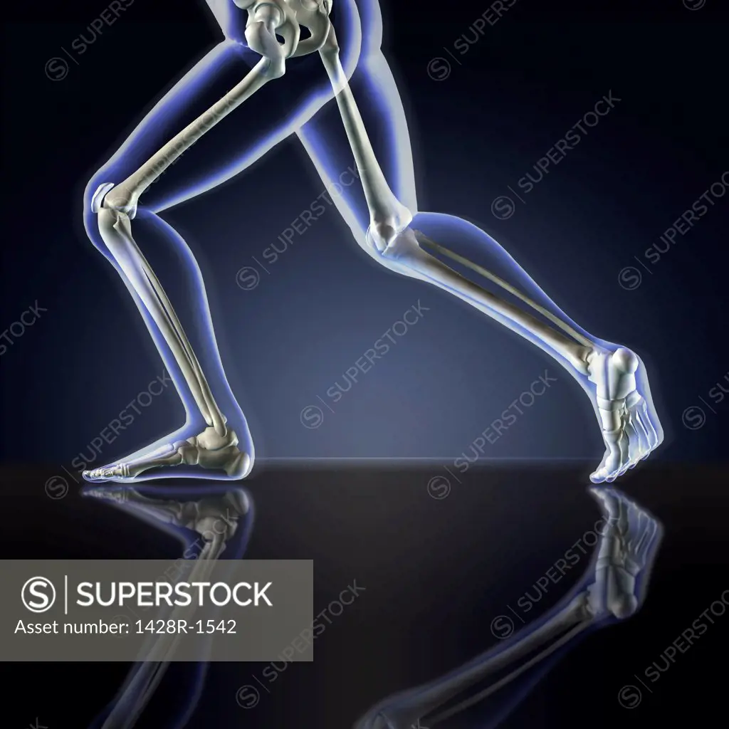 Man's legs running in blue X-ray on a dark blue reflective background