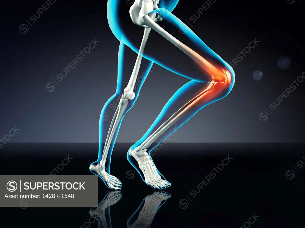 Blue X-ray of woman's knee pain while running on dark blue background