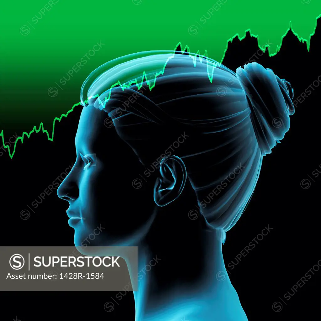 Woman's blue head in profile with stock market charts