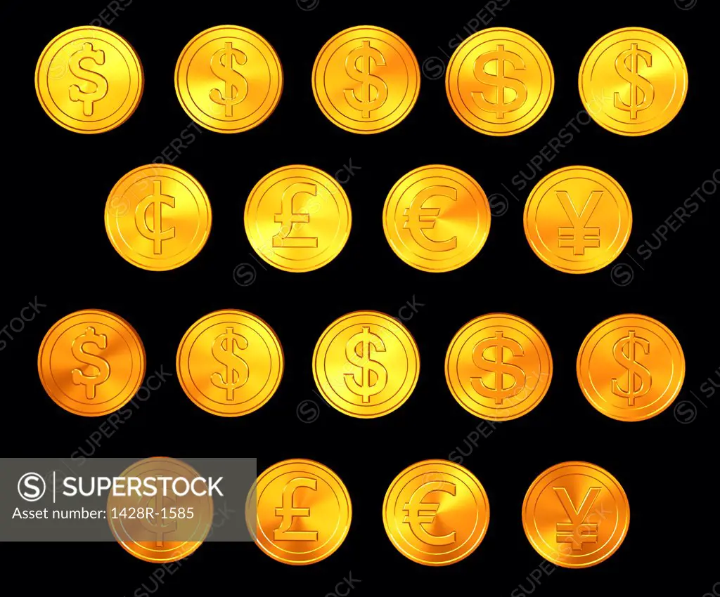 Gold coins of dollar, pound, euro and yen