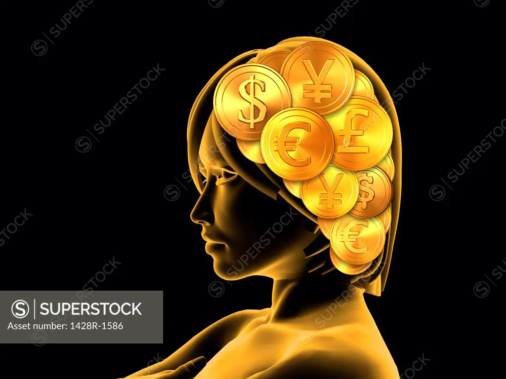 Golden woman in profile on black background with coins in her hair