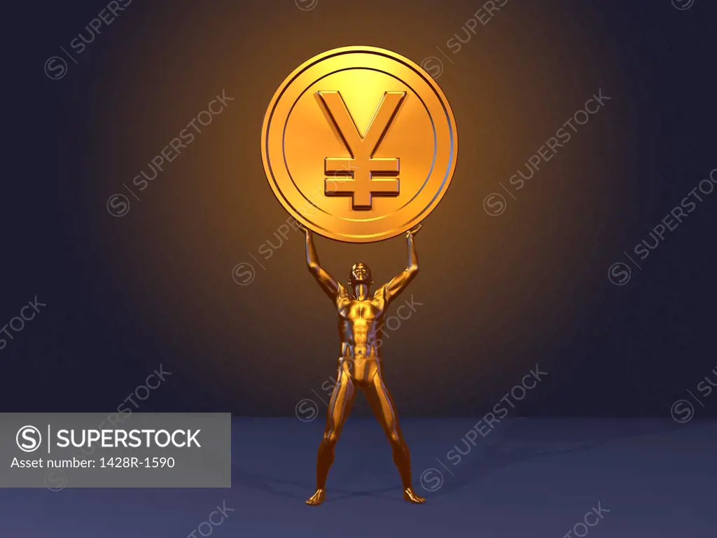 Japanese Yen coin lifted high by golden athlete