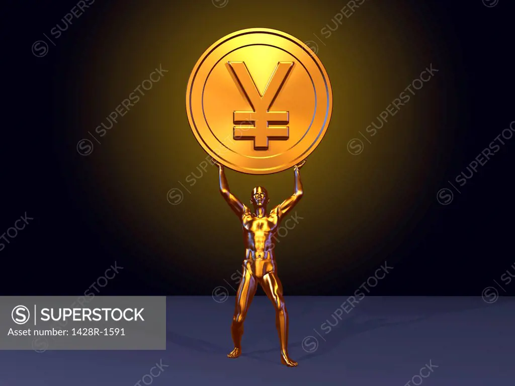 Japanese Yen coin lifted high by golden athlete