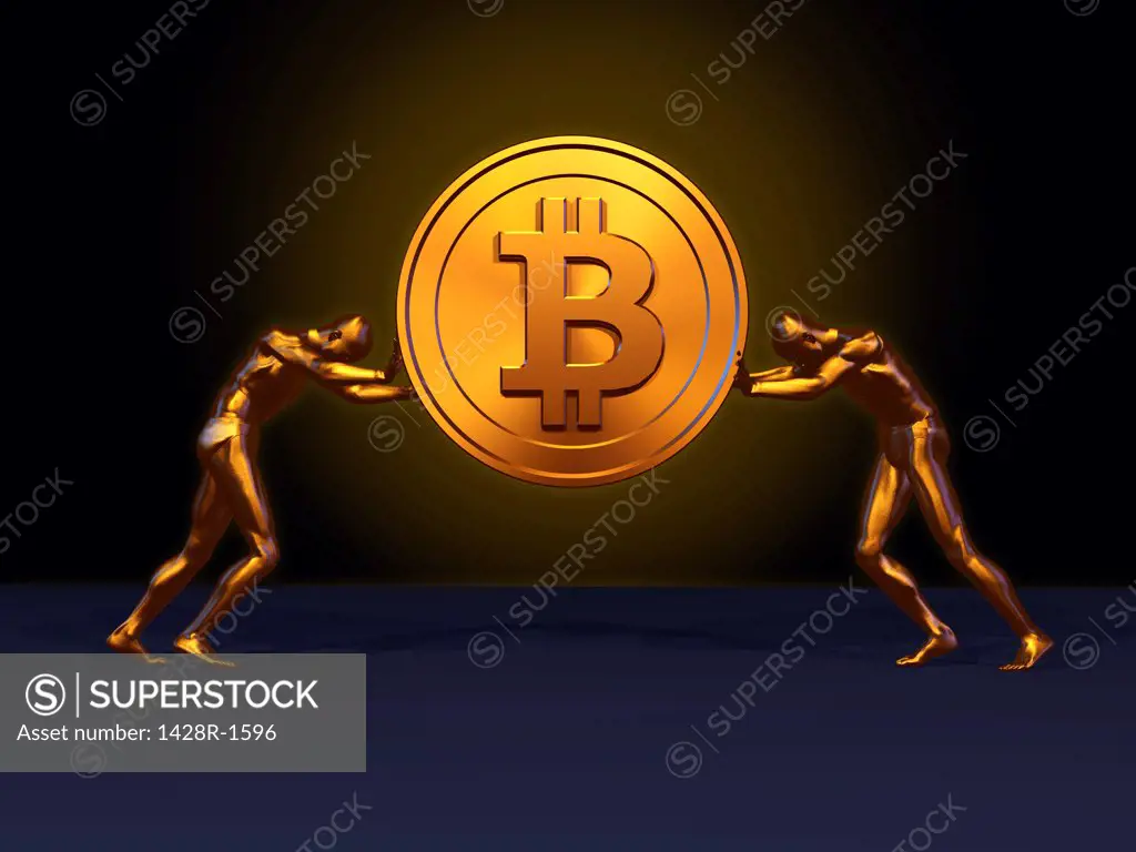 Large golden Bitcoin lifted by two golden men