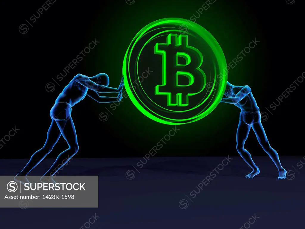 Large green Bitcoin lifted by two blue men