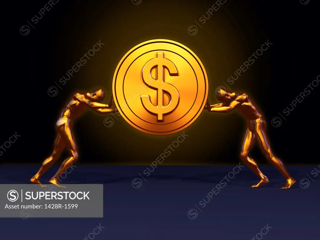 Large golden Dollar coin lifted by two golden men