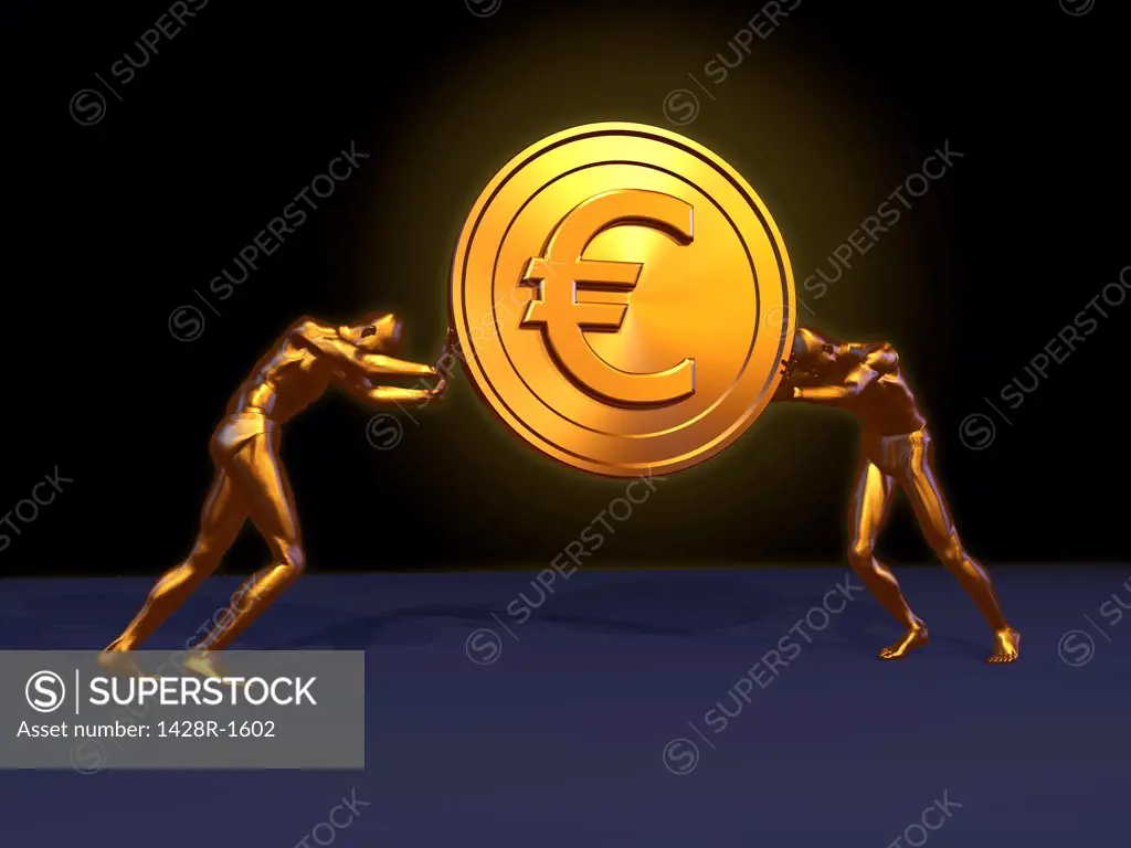 Large golden Euro coin lifted by two golden men