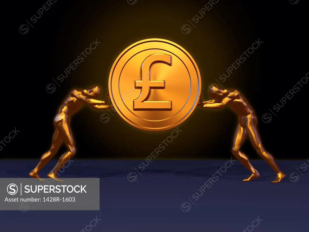Large golden Pound coin lifted by two golden men