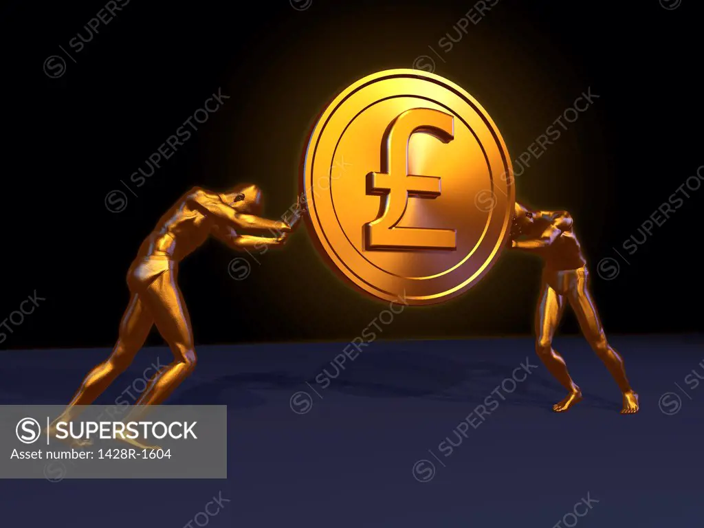 Large golden Pound coin lifted by two golden men