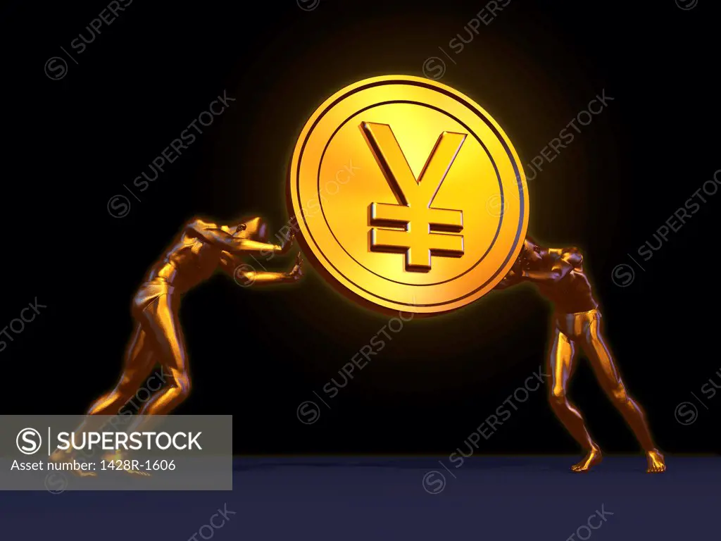 Large golden Yen coin lifted by two golden men