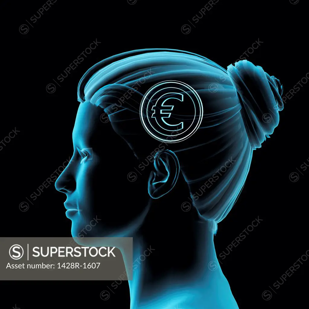 Woman's head in profile with euro coin