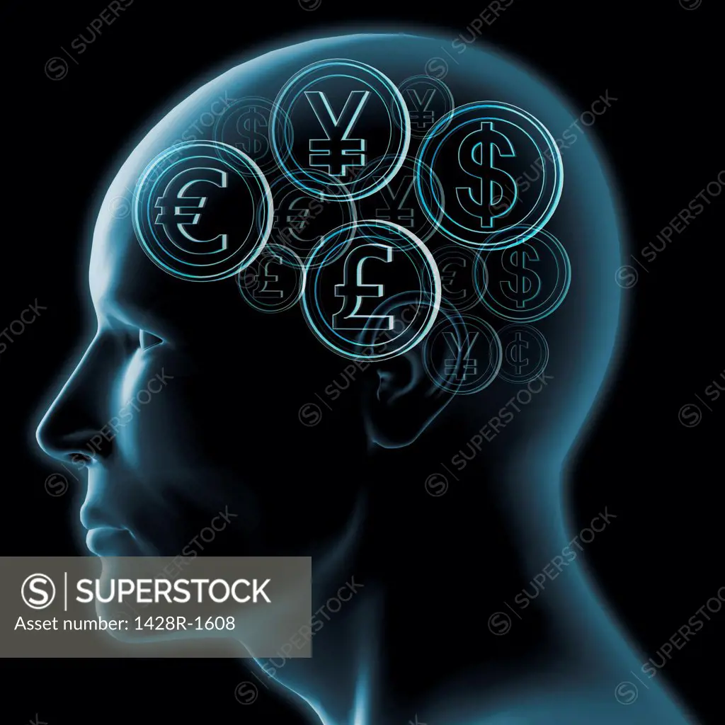 Man's head in profile with currencies and coins