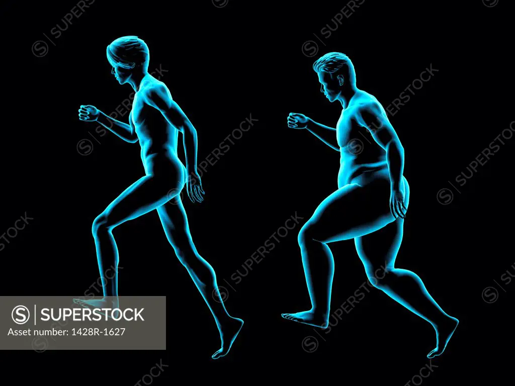 Obese and thin men running, X-ray image